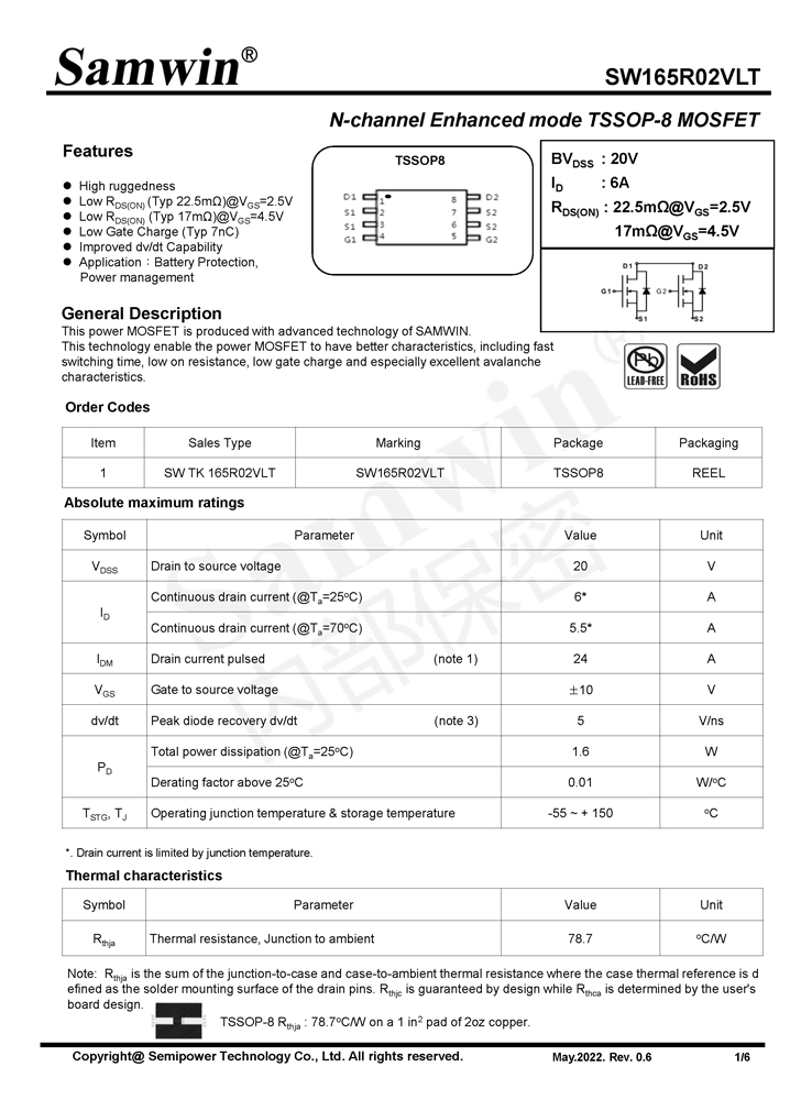 Samwin SW165R02VLT N-channel Enhanced mode TSSOP-8 MOSFET