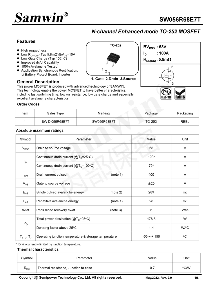 Samwin SW056R68E7T N-channel Enhanced mode TO-252 MOSFET