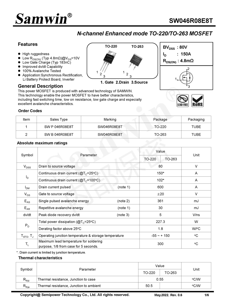 Samwin SW046R08E8T N-channel Enhanced mode TO-220/TO-263 MOSFET