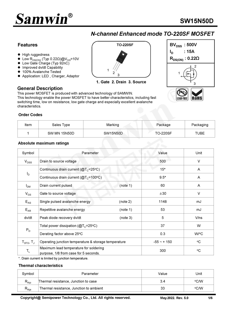 Samwin SW15N50D N-channel Enhanced mode TO-220SF MOSFET