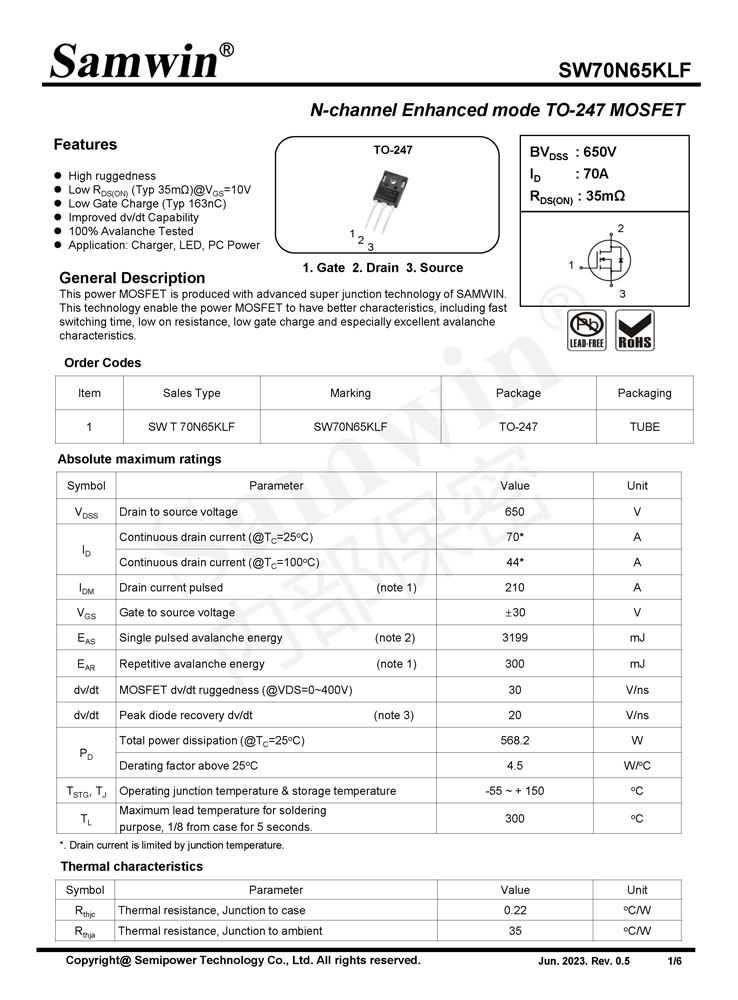 Samwin SW70N65KLF N-channel Enhanced mode TO-247 MOSFET