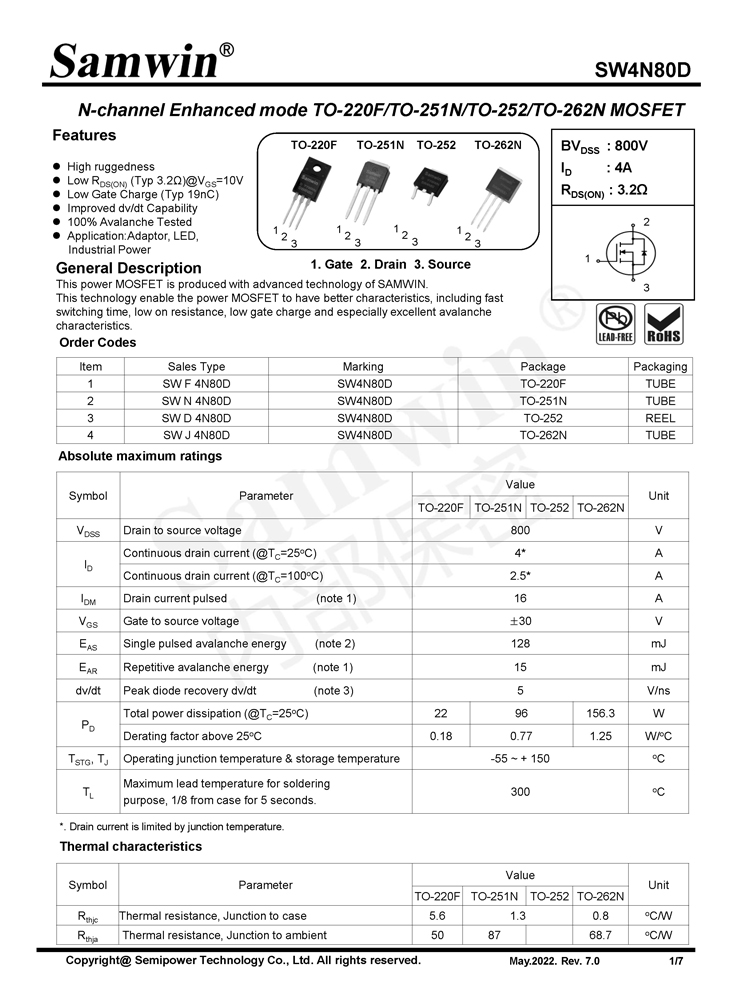 Samwin SW4N80D N-channel Enhanced mode TO-220F/TO-251N/TO-252/TO-262N MOSFET