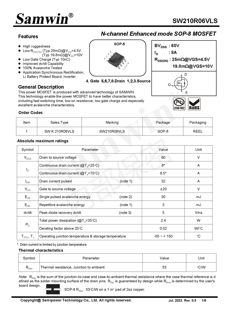 Samwin SW210R06VLS N-channel Enhanced mode SOP-8 MOSFET